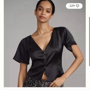 Ganni Black Satin Button-Up Top